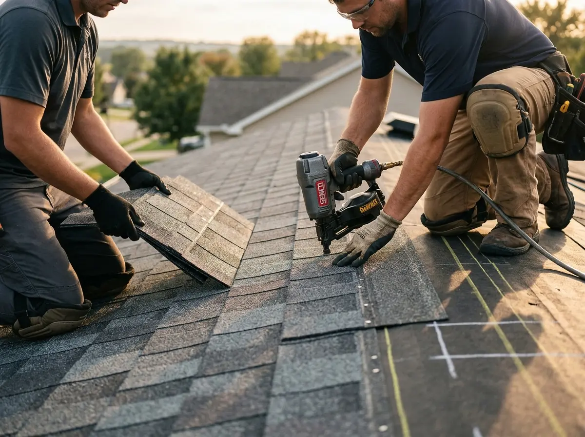 Professional roofer working on a residential roof in Berkley